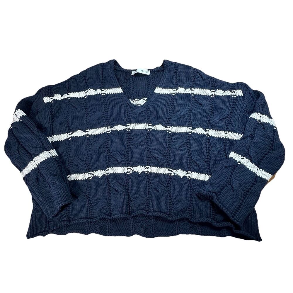 Zara Chunky Cable Knit Fisherman Sweater Oversized Cropped Women S Navy/White
